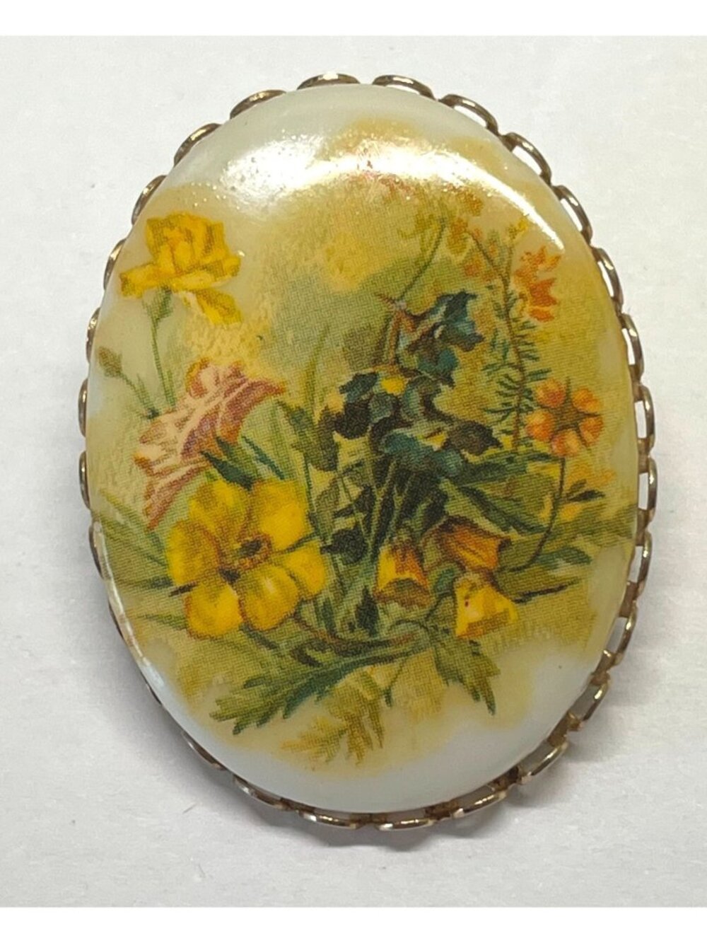Vintage Wildflowers Brooch Yellow Floral Pin Oval Gold Tone Frame 1970s